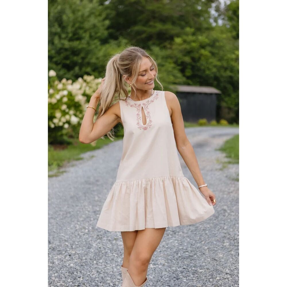 CAMELLIA S high neck linen embroidered key hole dress sleeveless drop waist